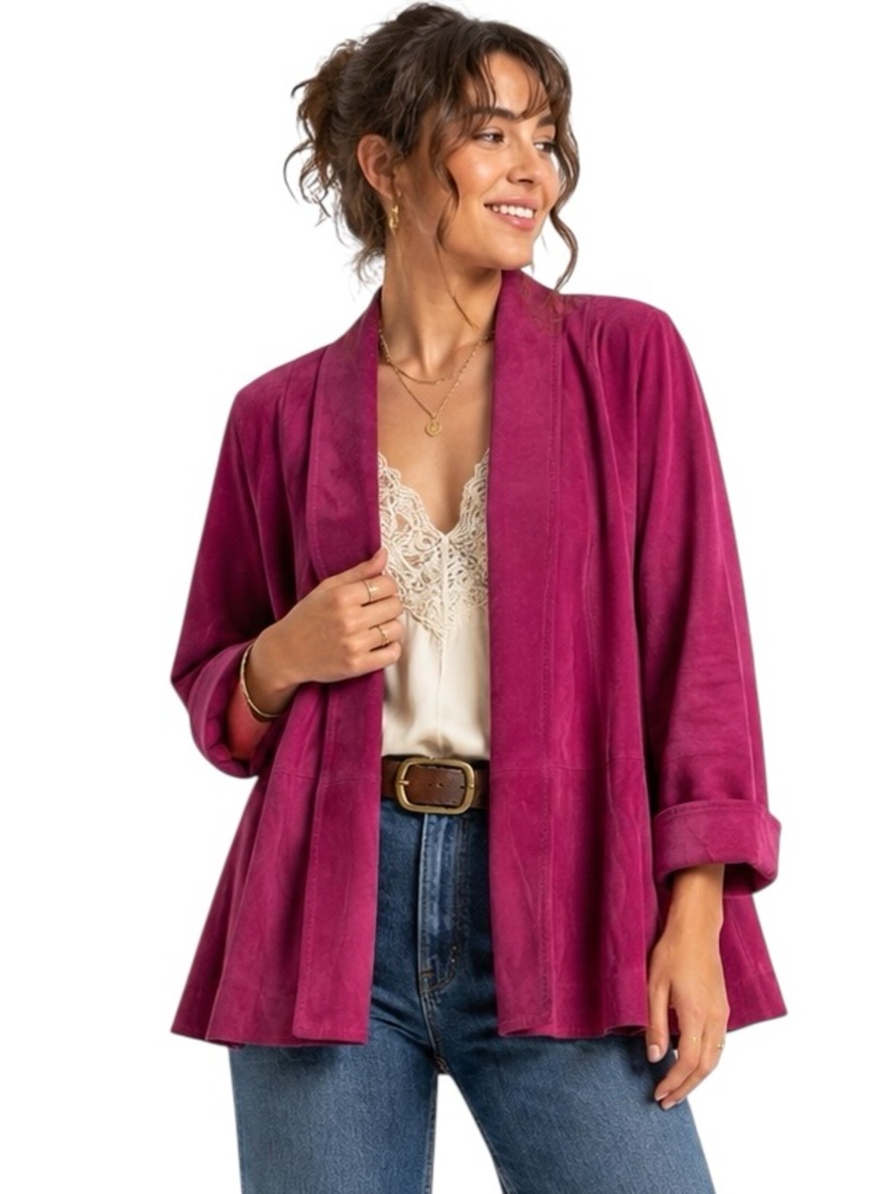 Vintage Danier Fuchsia Suede Leather Jacket Blazer Size M Open Front Hot Pink